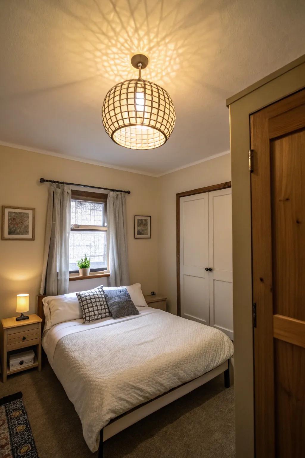 A bold light fixture adds drama and height.