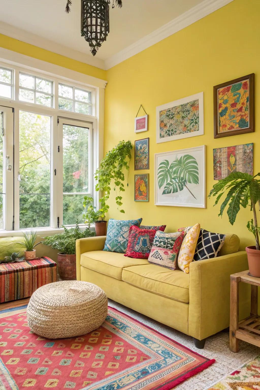 A compact living space showcasing lemon walls for a fresh burst.