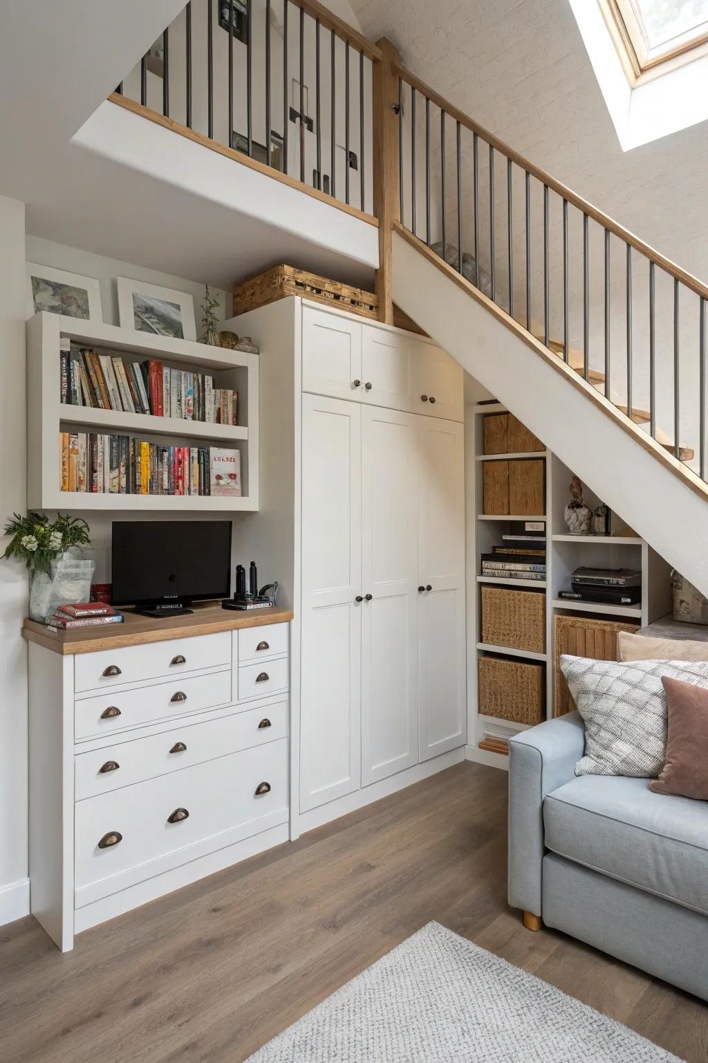 Optimized storage sustains an organized and uncluttered loft.