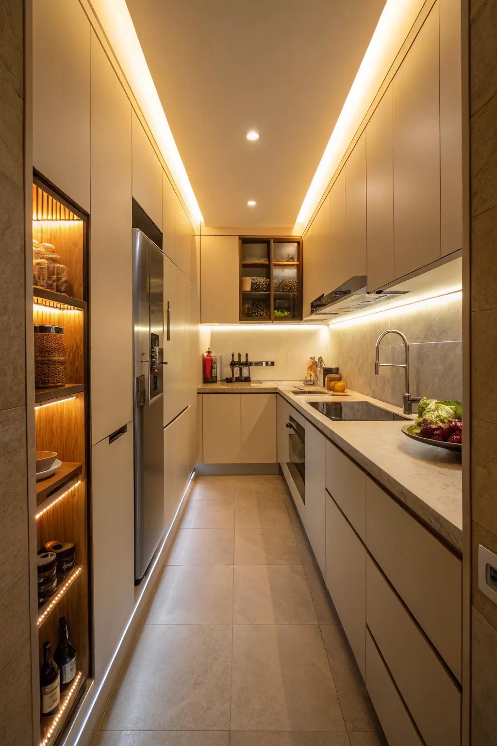 Emphasized illumination enhances the warmth and dimension of this cooking space.