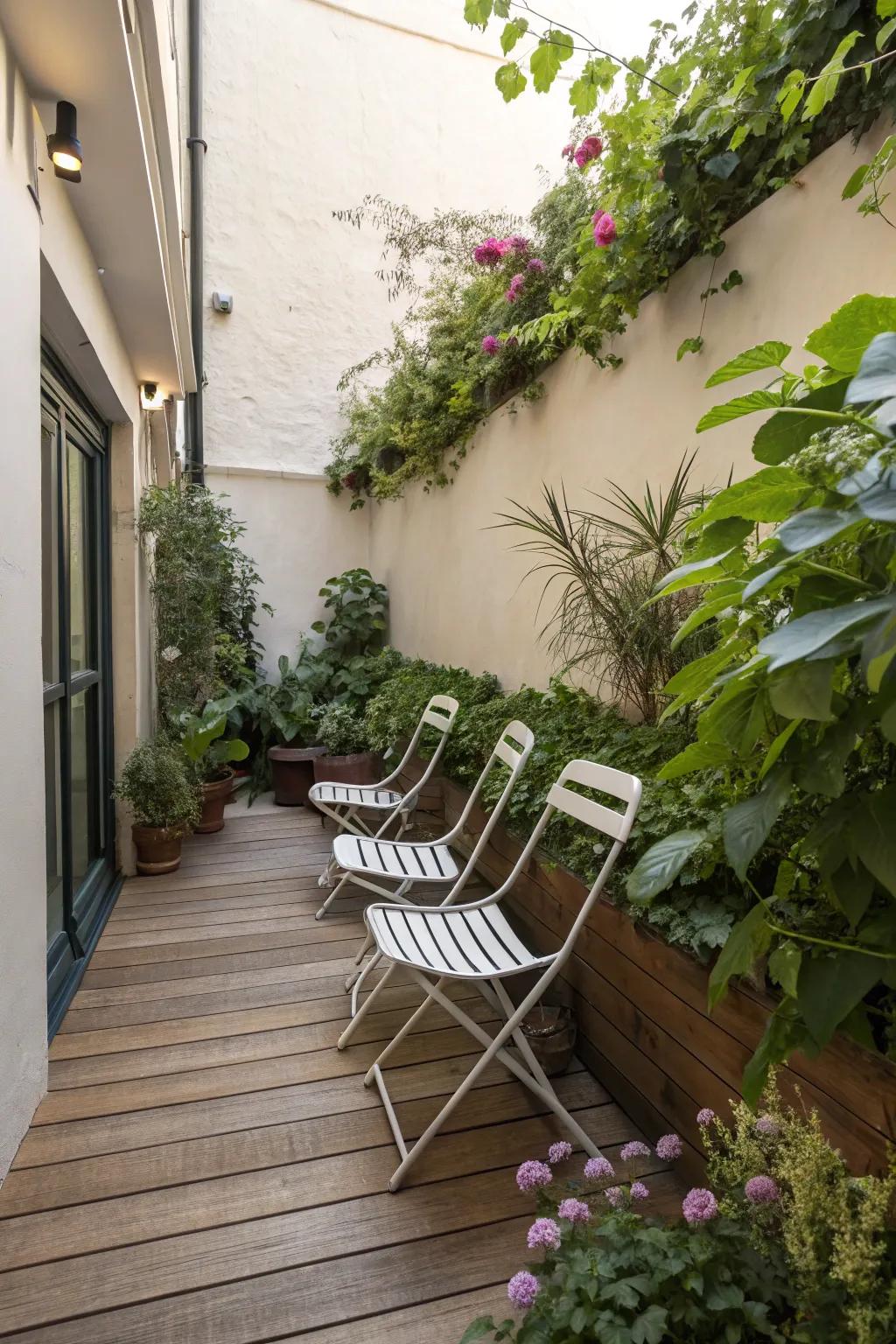 Adaptable seating choices offer versatility on a small patio.