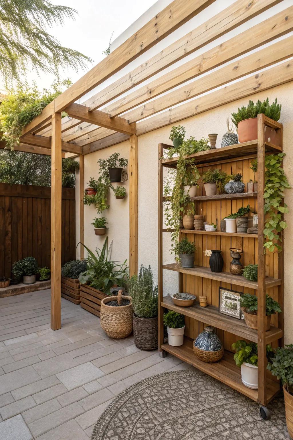 Custom-built shelving furnishes both storage and flair beneath a small canopy.