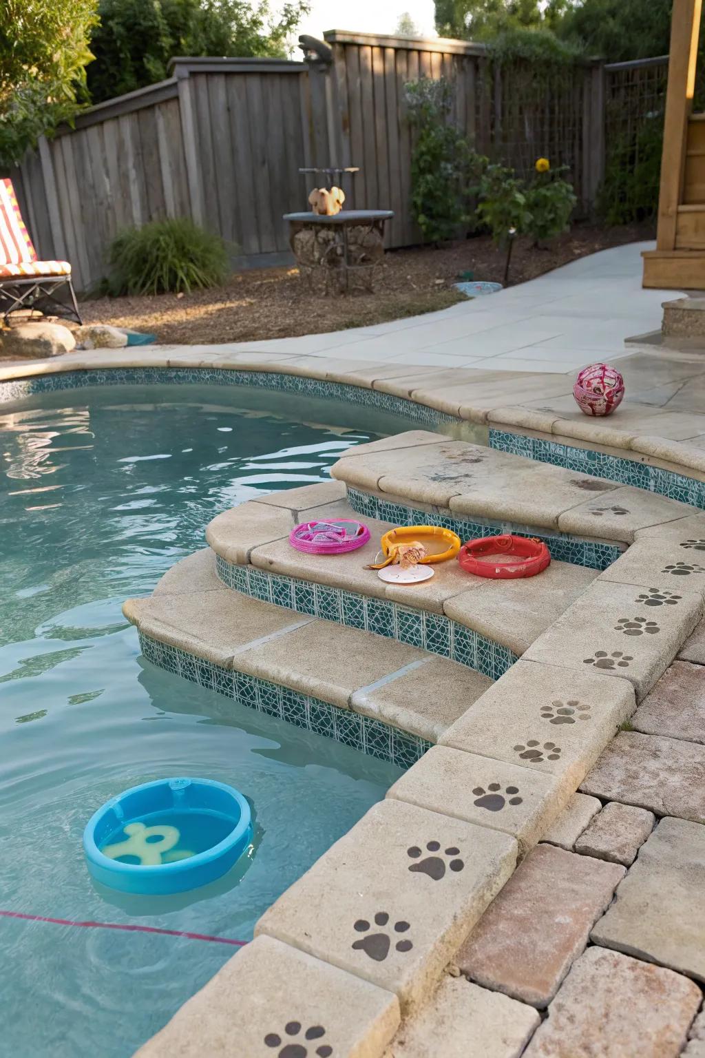 A pet-accommodating pool showcasing shallow ledges that endorse protected floating.