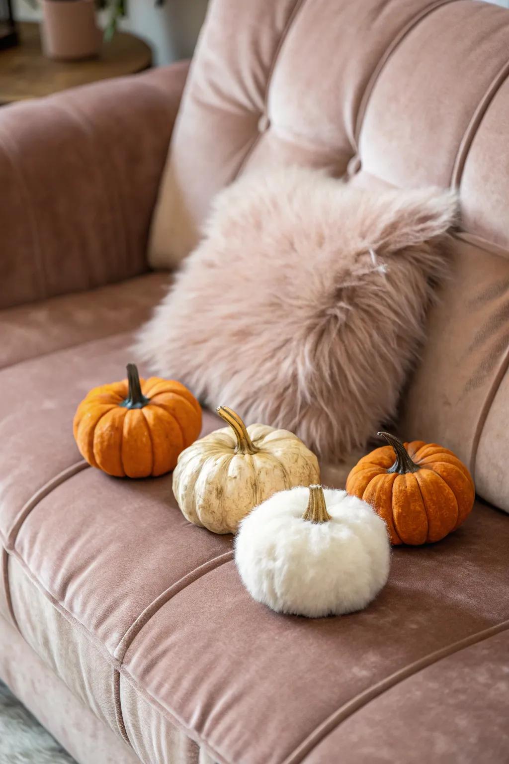 Faux fur pumpkins introduces a luxurious, cozy texture.