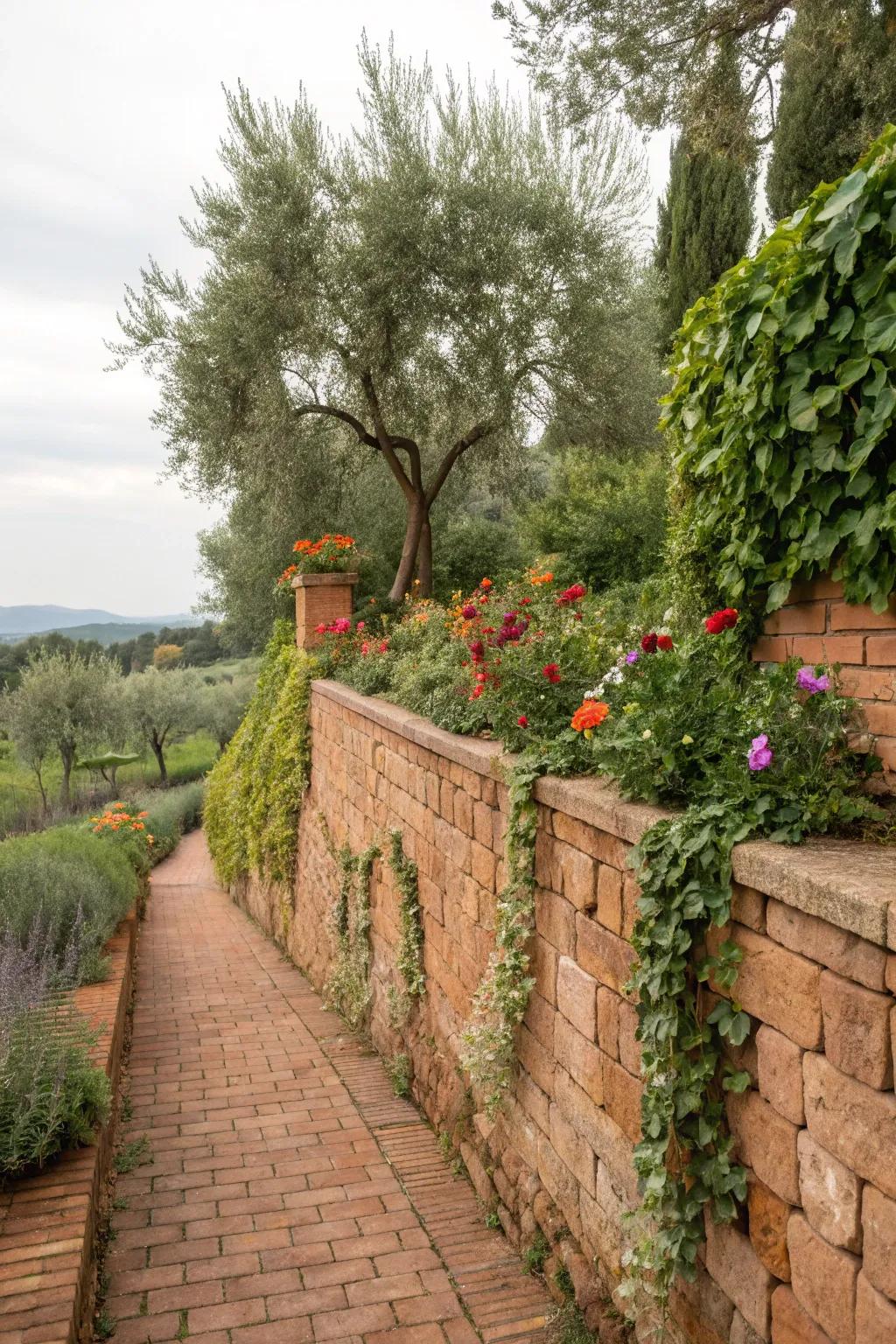 Baked clay brickwork bestows a cosy, Mediterranean ambience upon retaining structures.
