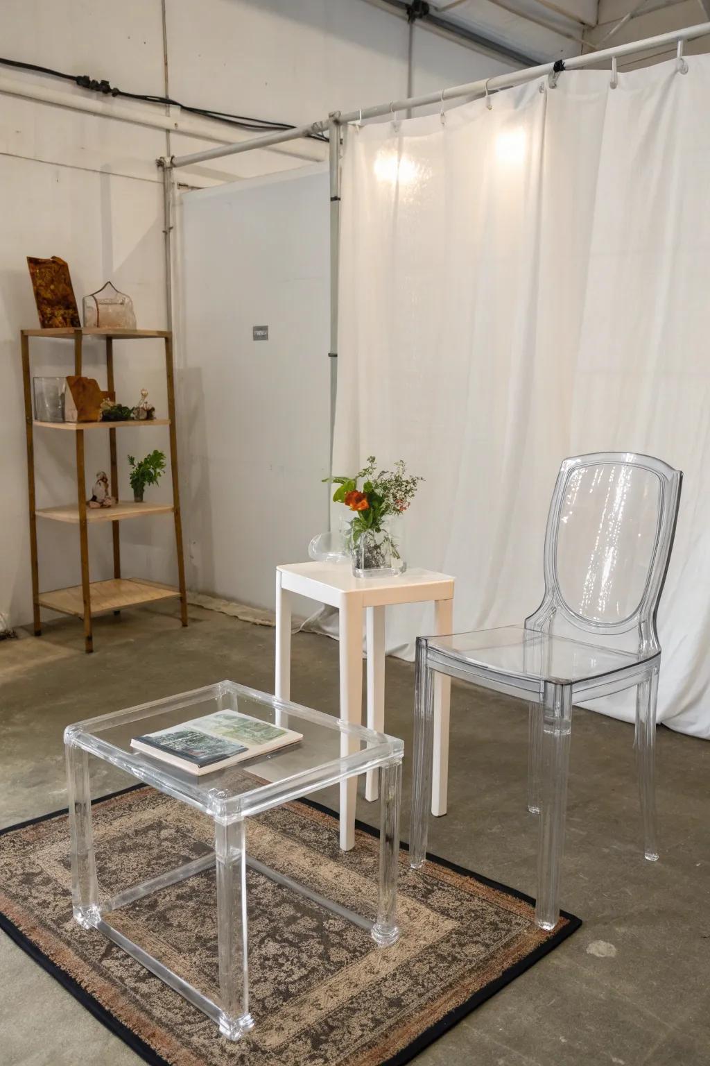 See-through furnishings cultivate an expansive and ethereal atmosphere.