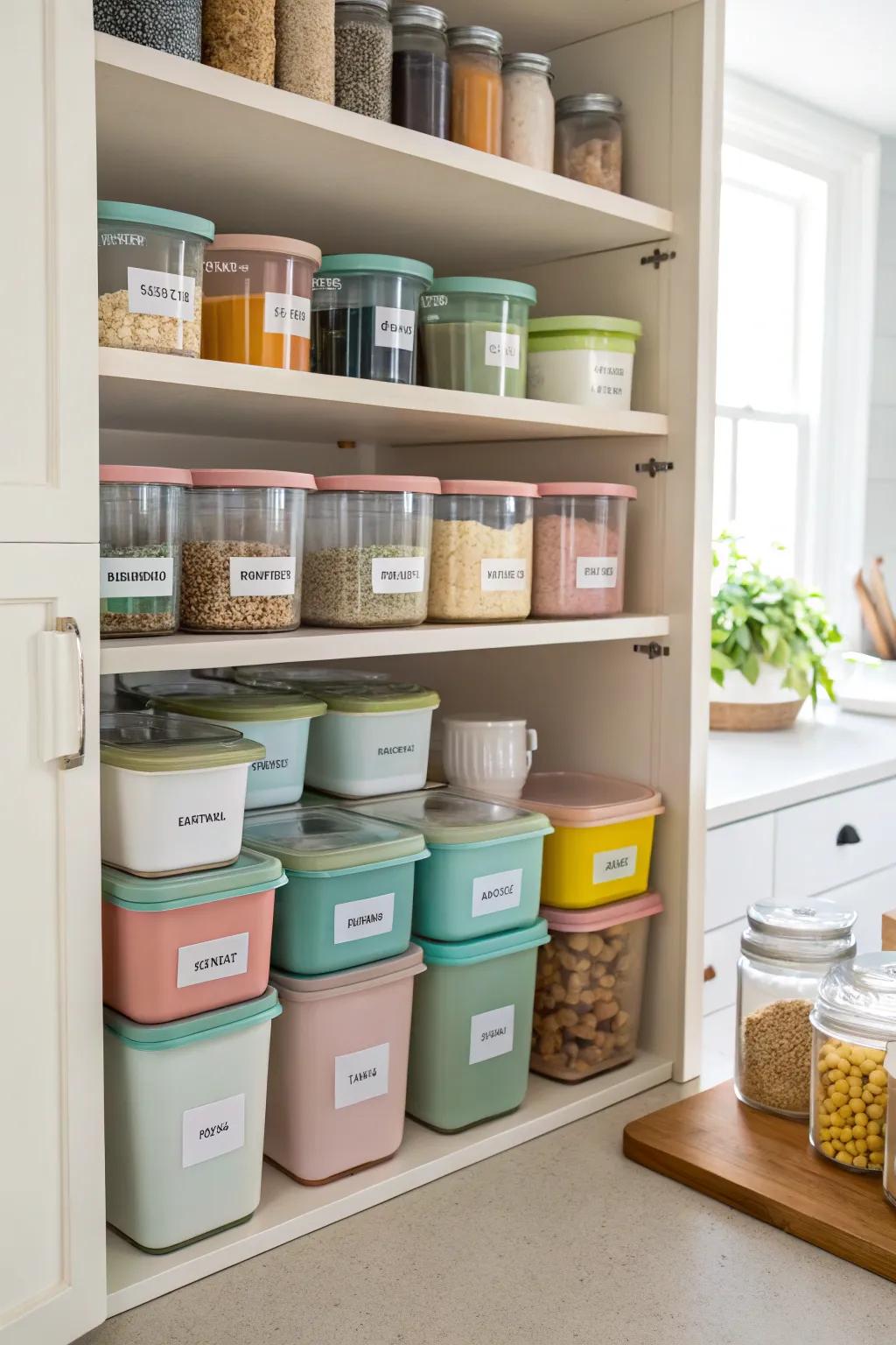 Stackable containers in a pantry, keeping items arranged and easy to get to.
