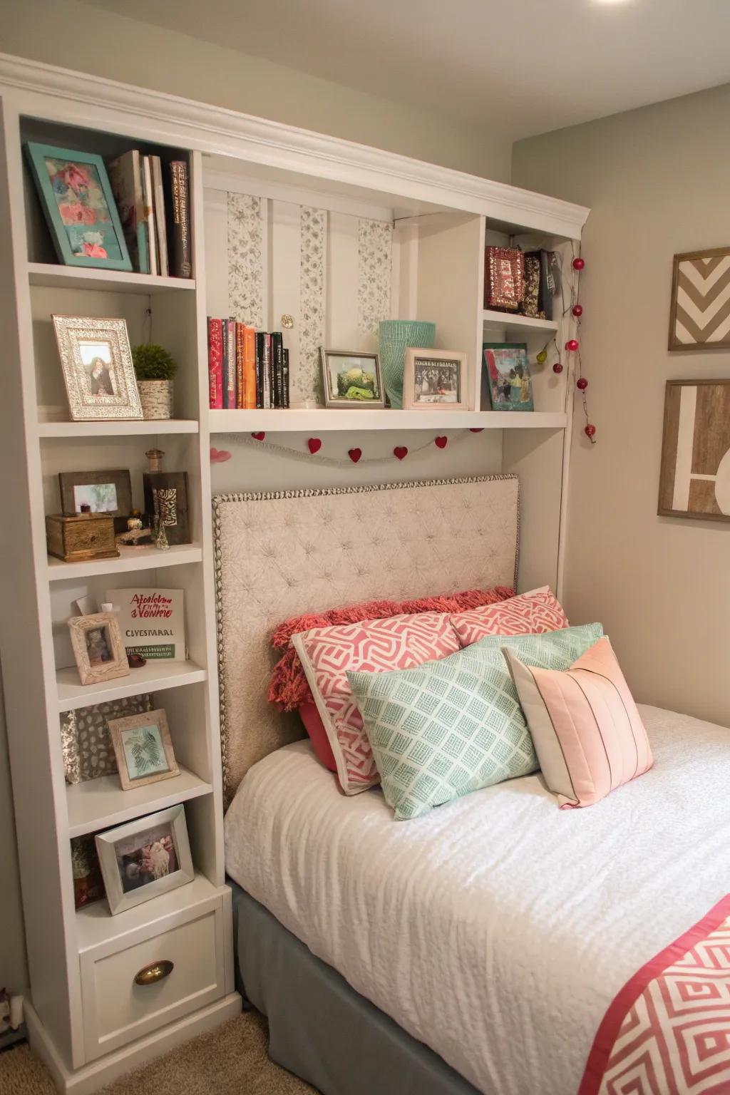 A customized headboard adds a functional and personal touch to the space.