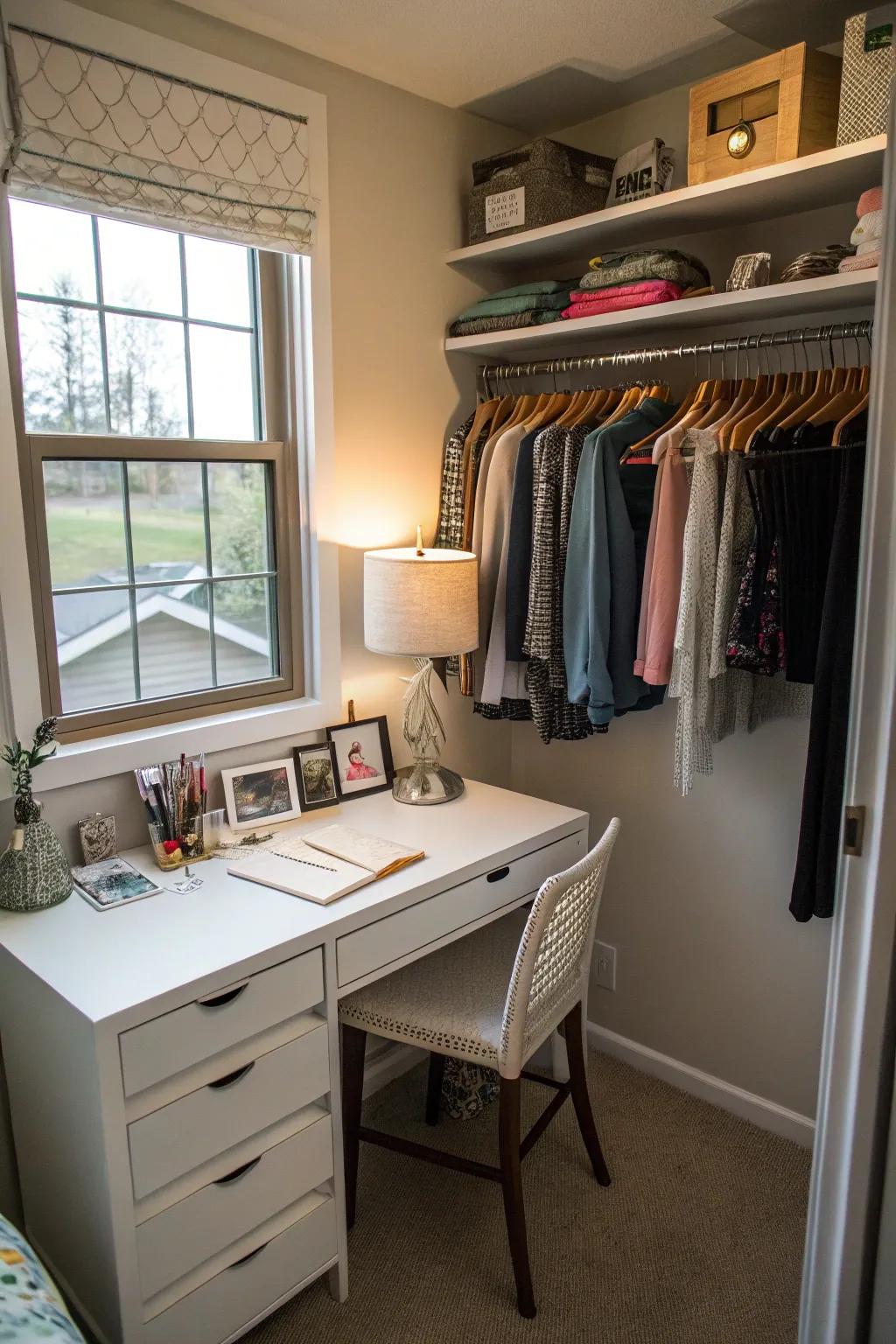 A petite desk alters the closet into a versatile space.