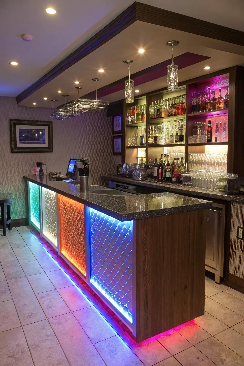 Dynamic electroluminescent lighting enhancing a small wet bar.