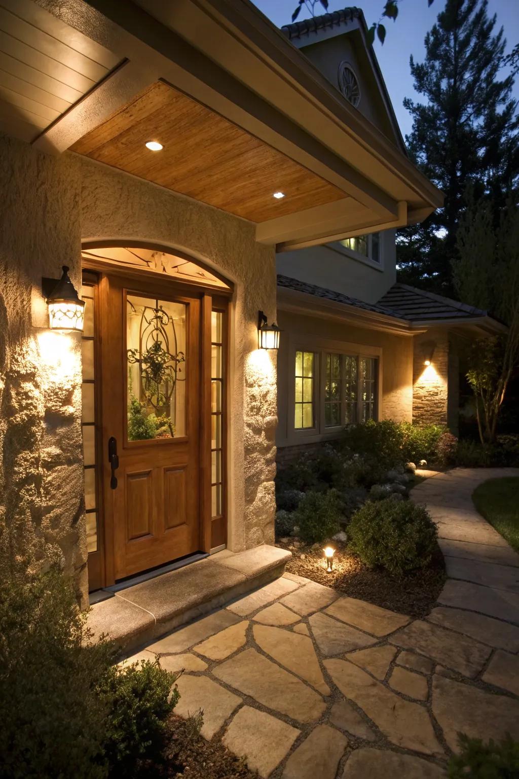 Soffit lighting warmly guides guests to a home's entrance.