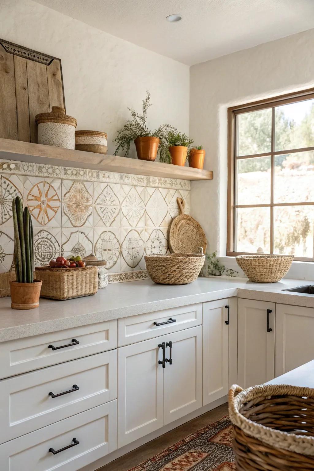 Simple tiles with a hint of Southwest style offer a clean, muted design.