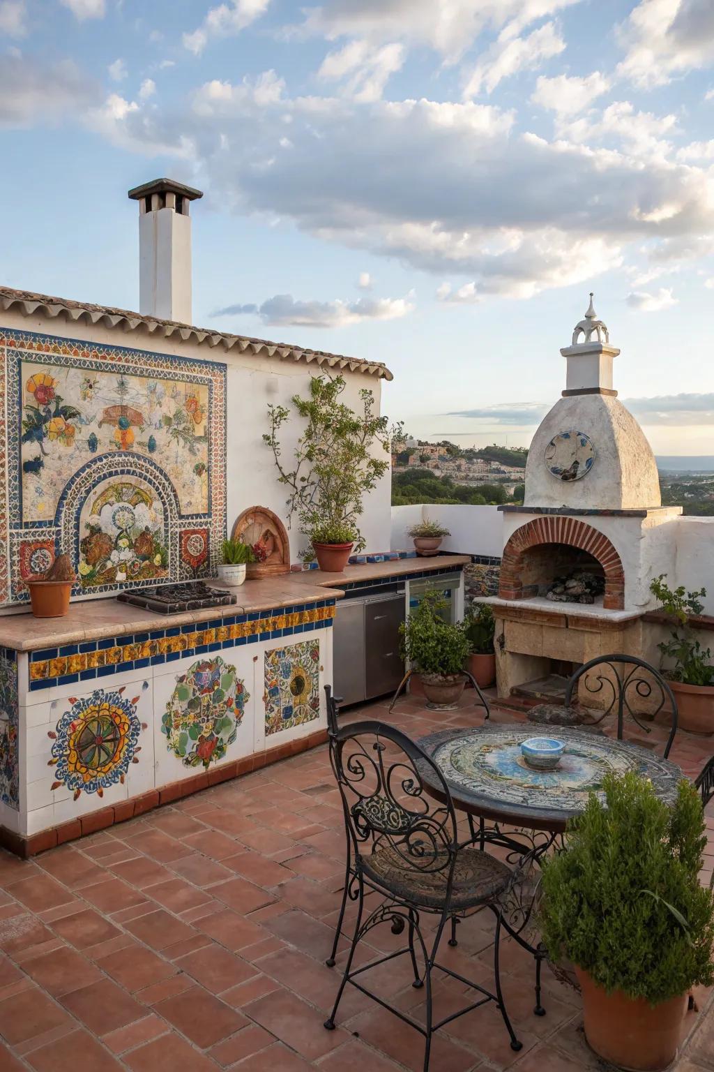 Beautiful mosaic art injects a colorful and personal touch to this outdoor kitchen.