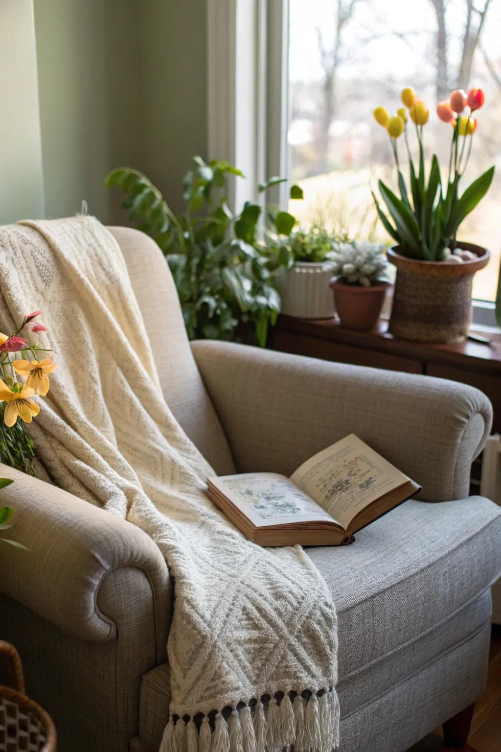 A spring perusing nook is perfect for unwinding.