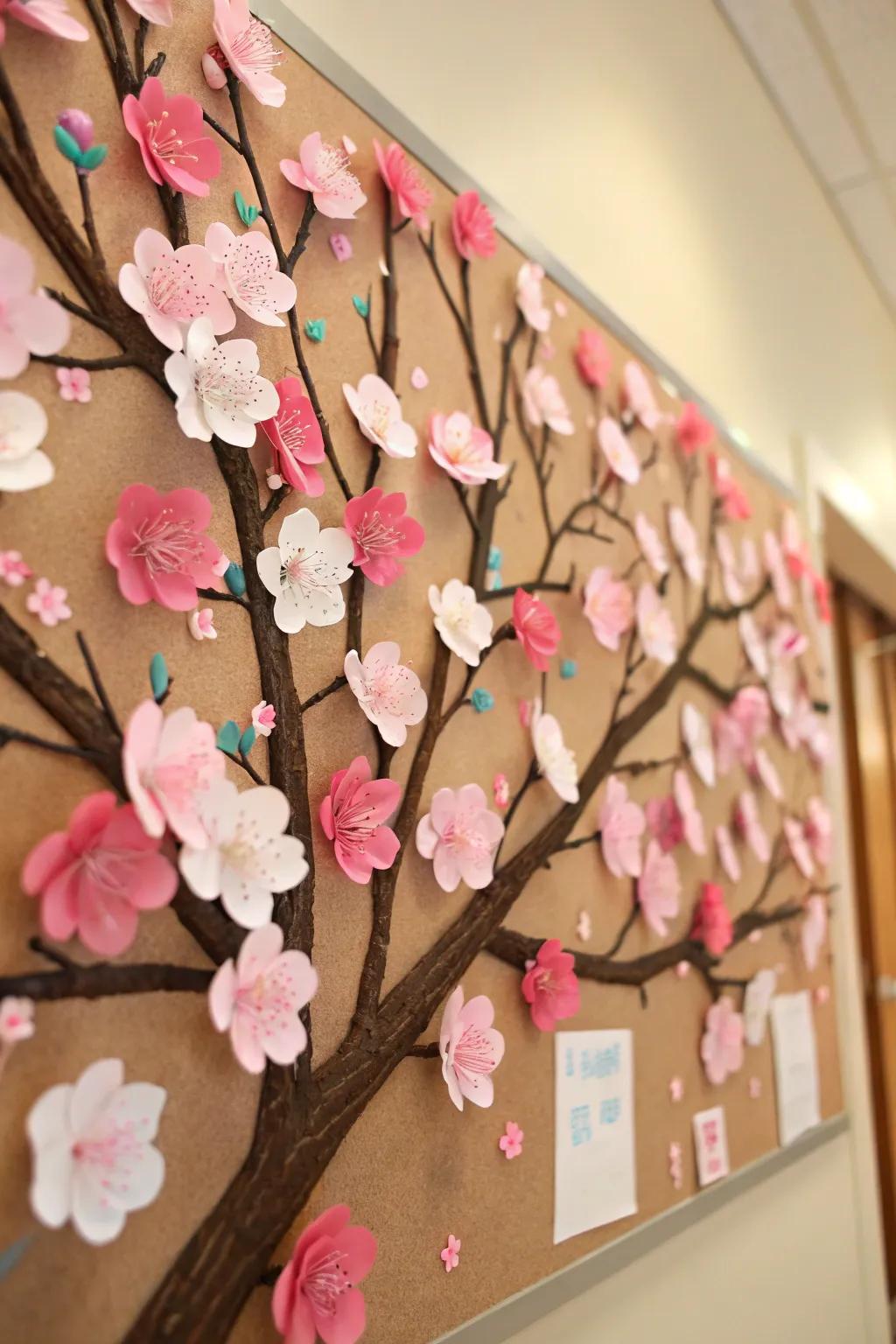 Flowering branches capturing the essence of cherry blossoms on the bulletin board.