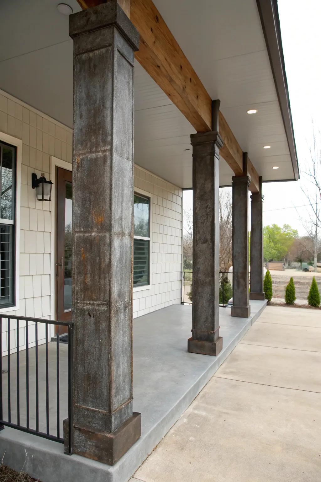 Raw metal rectangular pillars add an industrial edge to this porch.