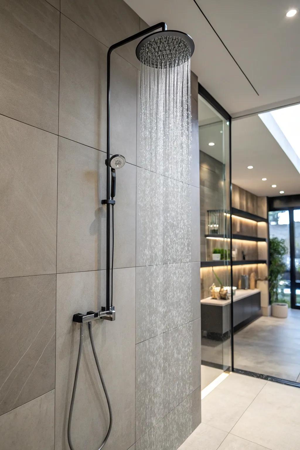 Large tiles creating a seamless, spacious shower ambiance.