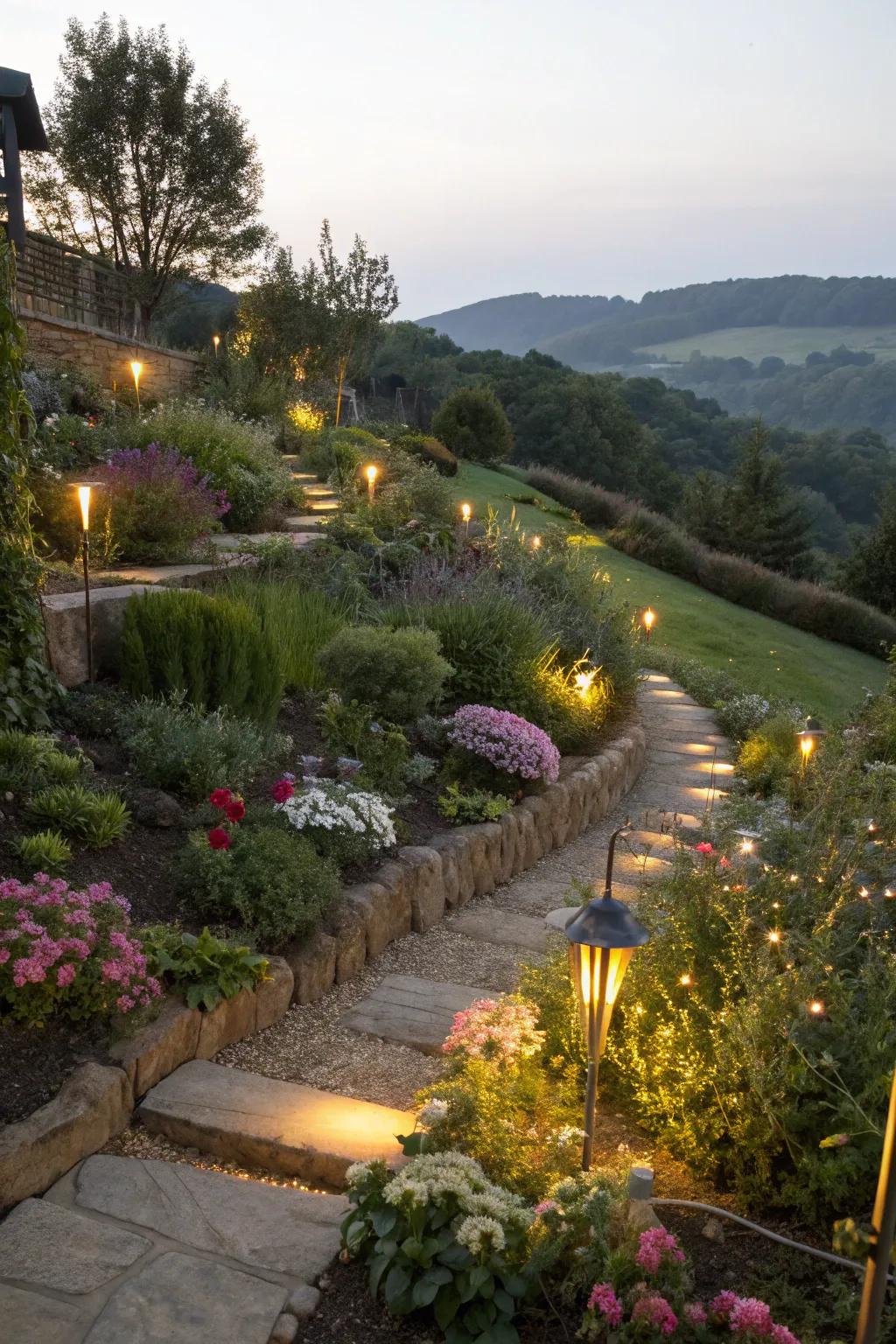 Lighting adds magic to hillside gardens, day or night.