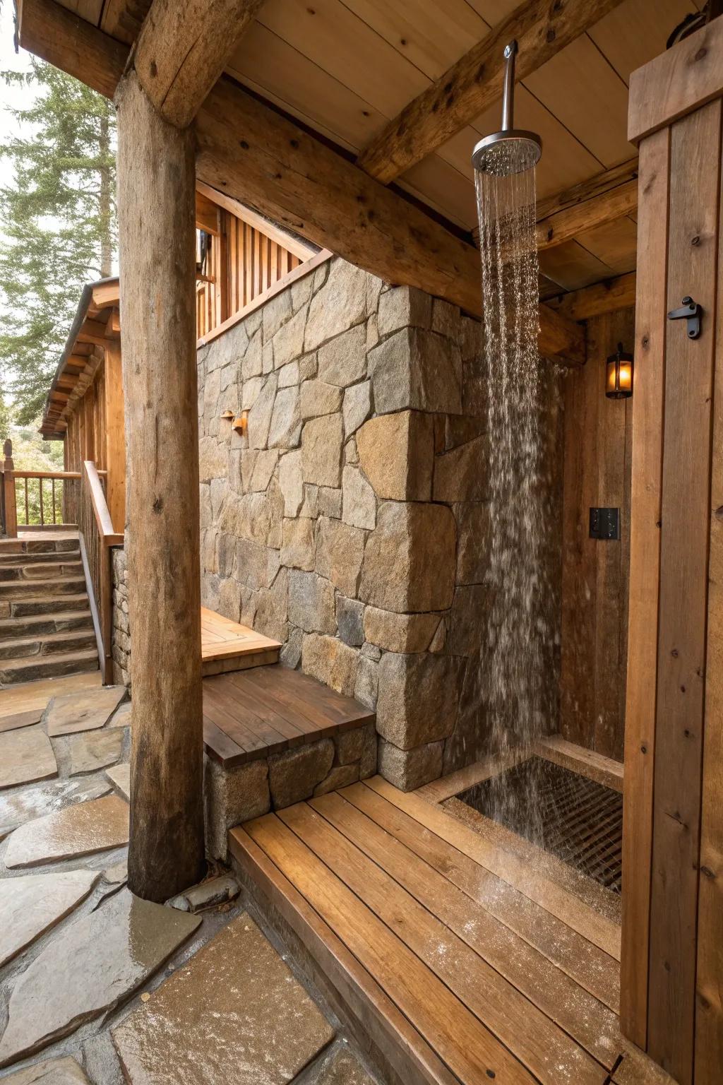 Sunken shower exhibiting countryside timber and stone components for a cozy hideaway.