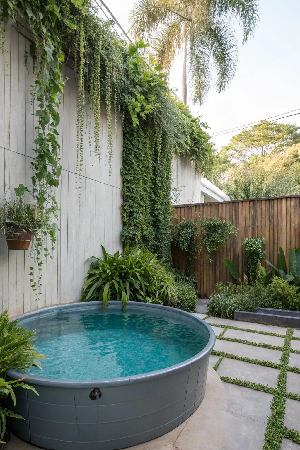 Vertical gardens bring greenery to the steel basin oasis area.