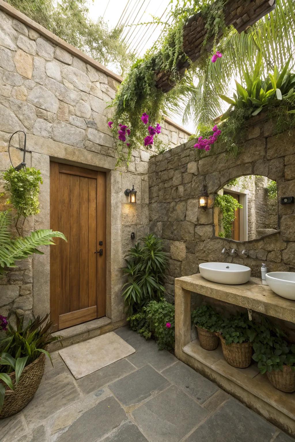 A stone bathroom complemented by lush greenery and natural décor.