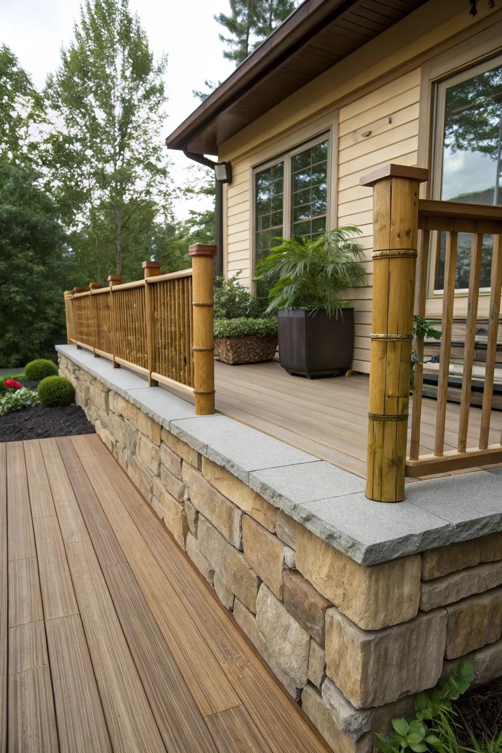 A tranquil deck through a harmonious unification of rock and bamboo skirting.