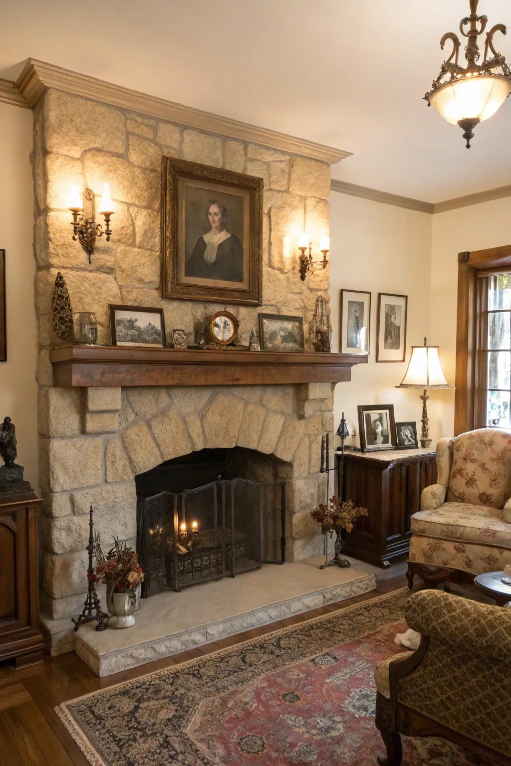 A vintage-style space featuring a stone fireplace and antique decor adding charm.