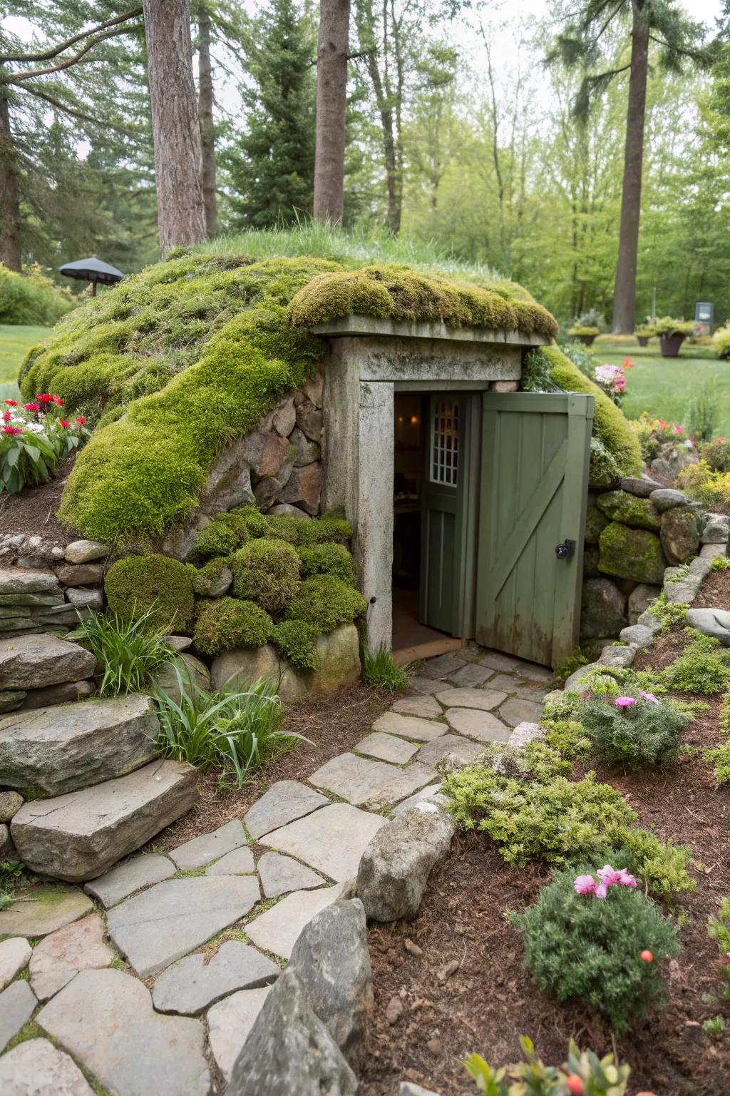 Mossy features give a magical, forest-like atmosphere to your storm shelter.