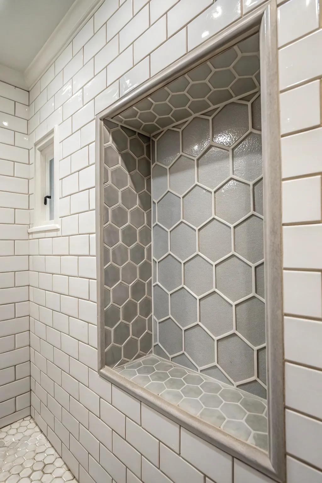 A modern niche with hexagon tile highlights.