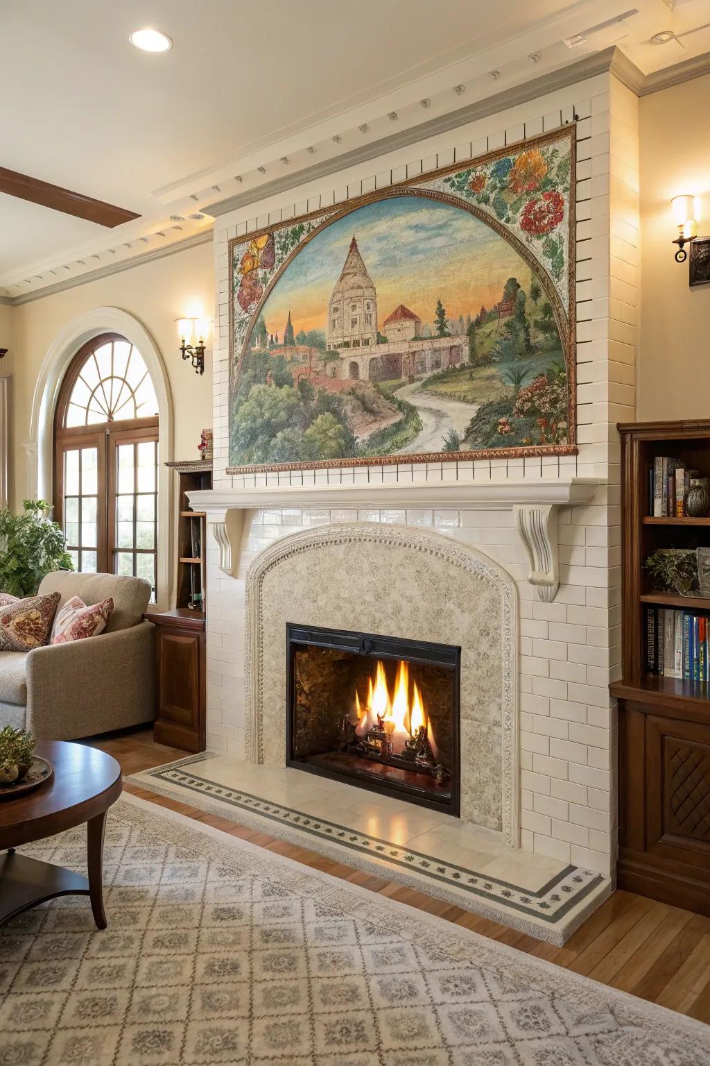 Artistic murals transform this tile fireplace into a storytelling centerpiece.