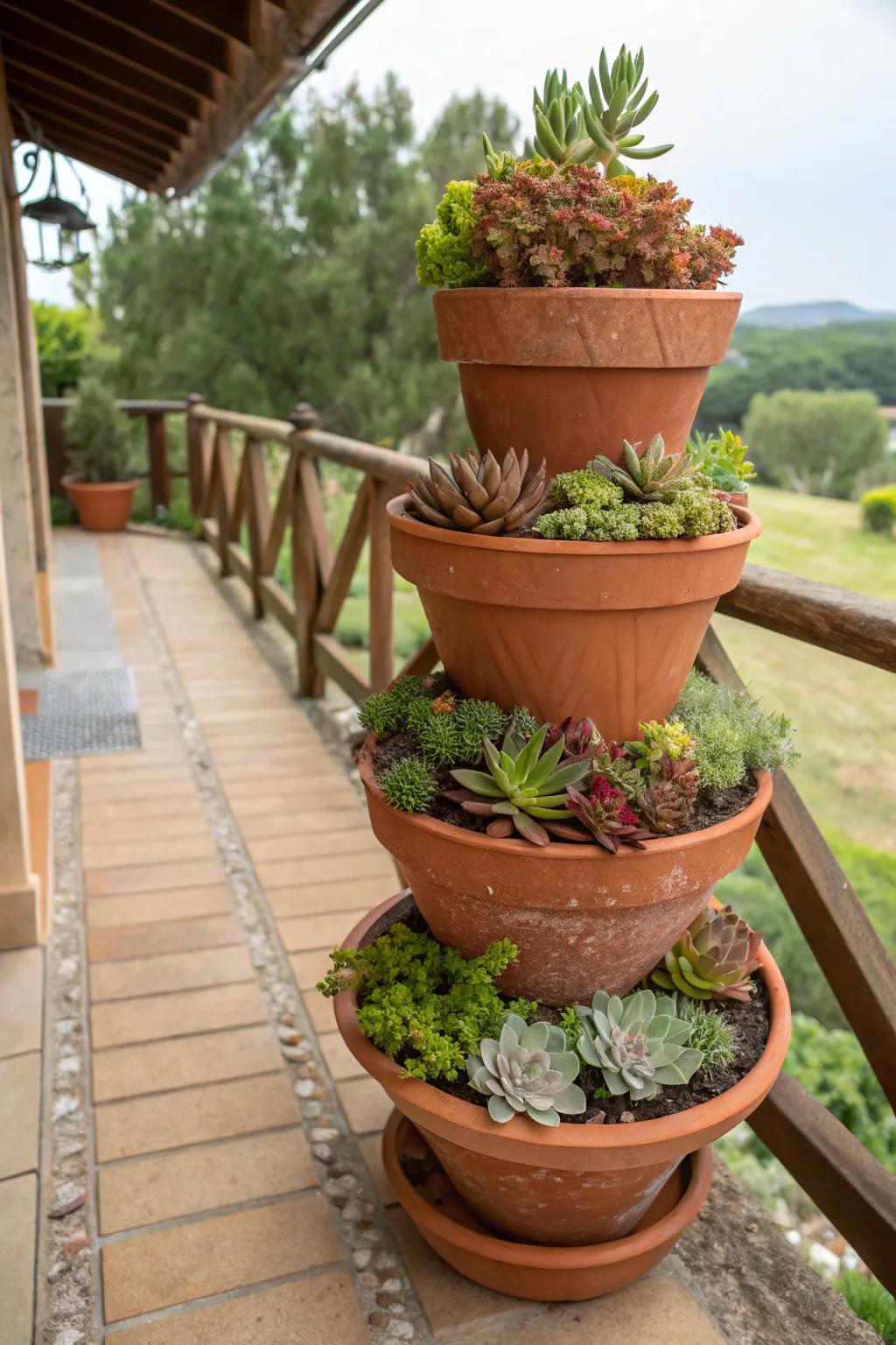 A leveled earth tones arrangement displaying a variety of succulents.
