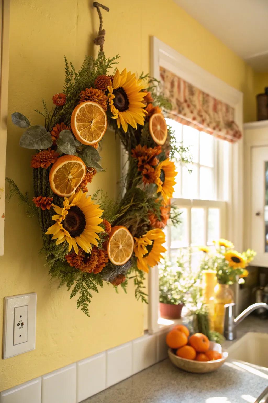 Experience a burst of citrusy charm as sunflowers meet the tang of dried oranges.