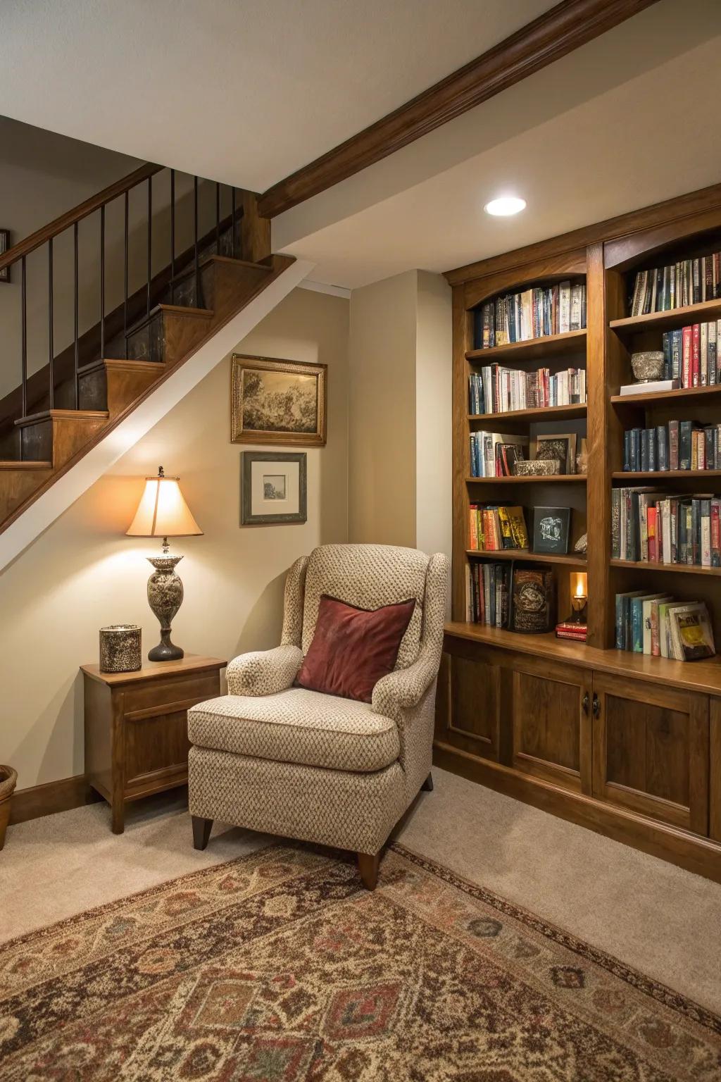 A sunken living room showcasing a cozy area for reading.