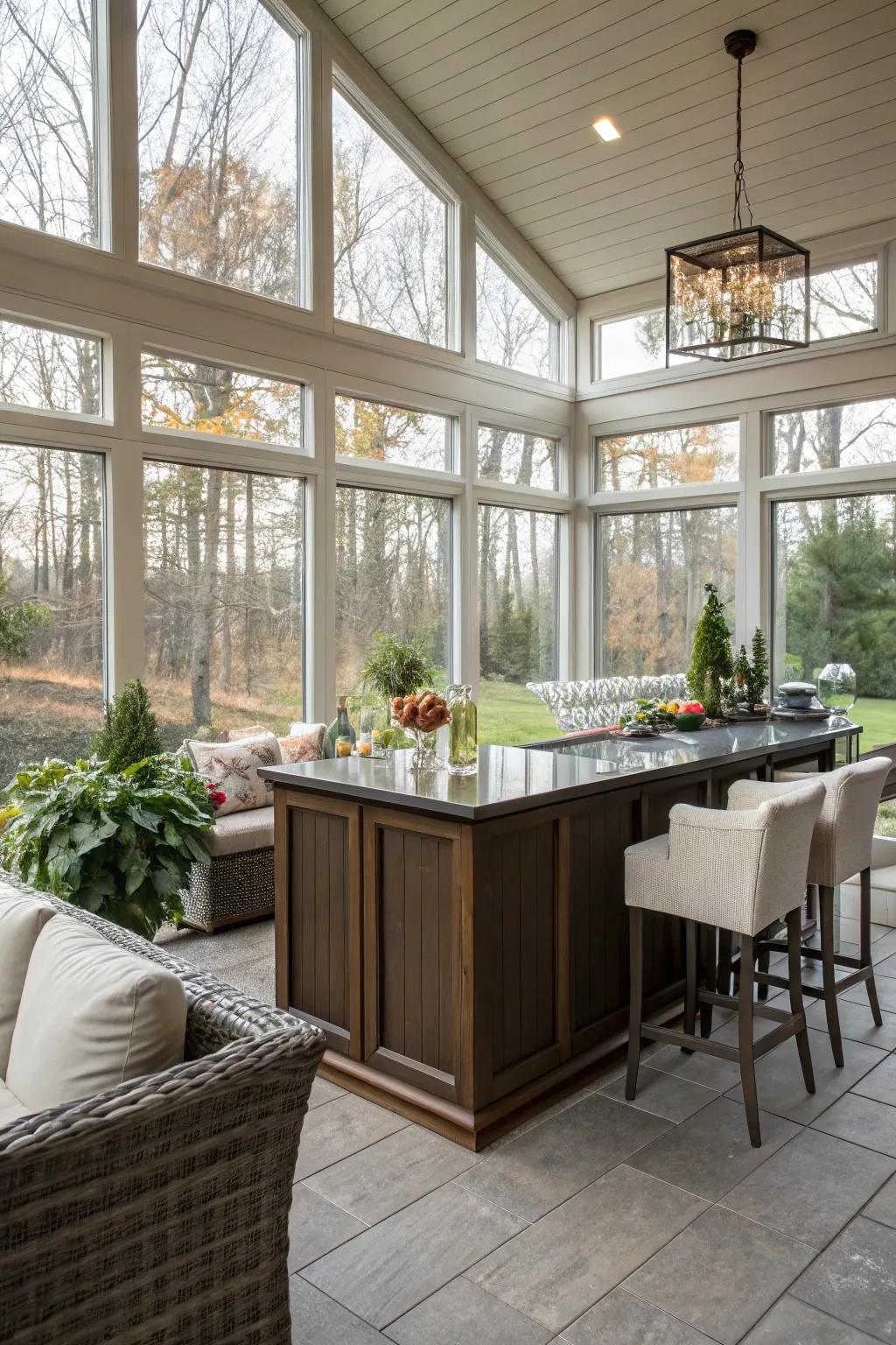 An attractive indoor-outdoor bar in the sunroom.