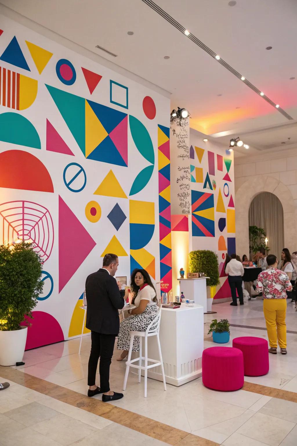 A modern geometric backdrop offers a trendy, fashion-forward design.