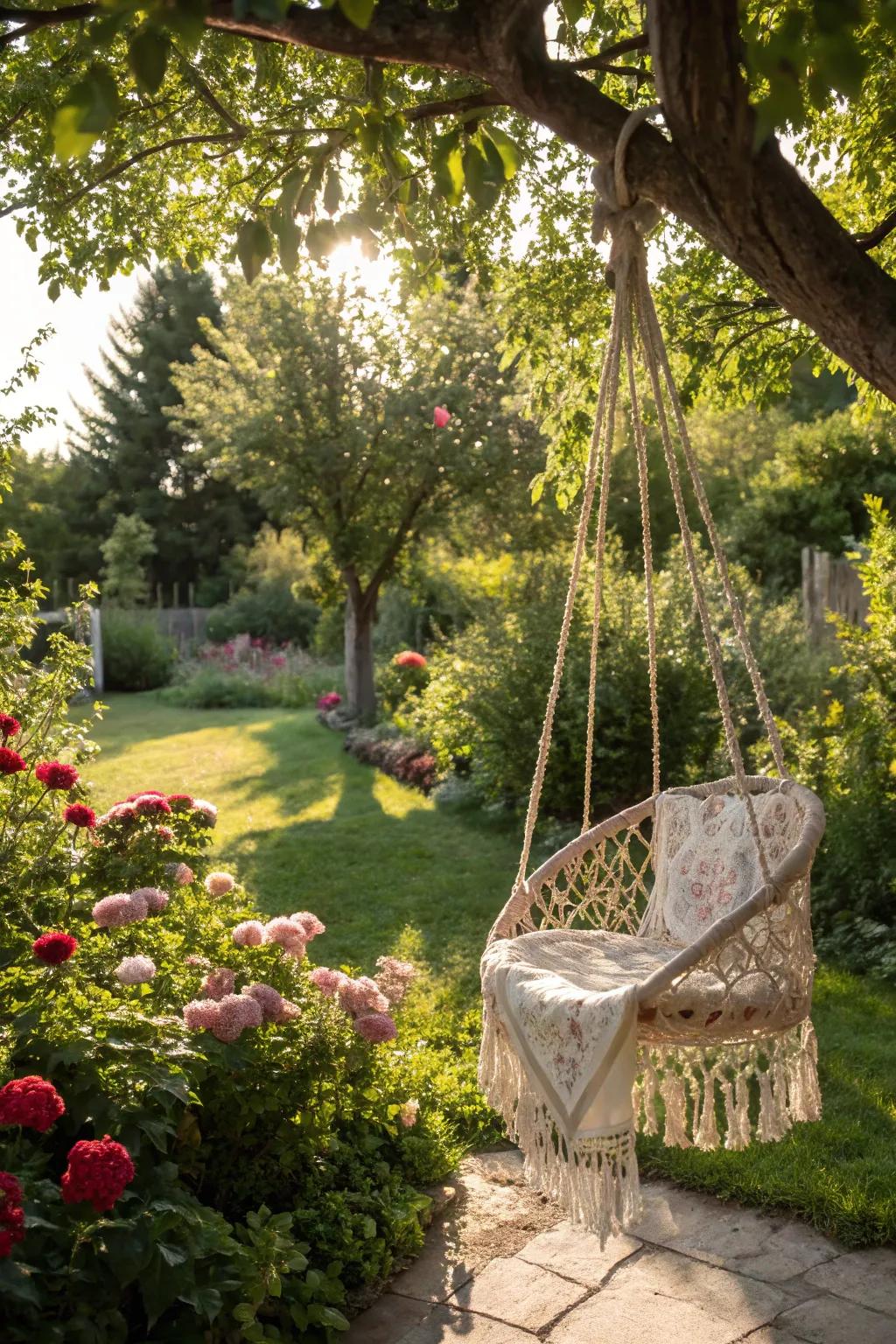 A knotwork swing introduces artistic flair to this garden scene.