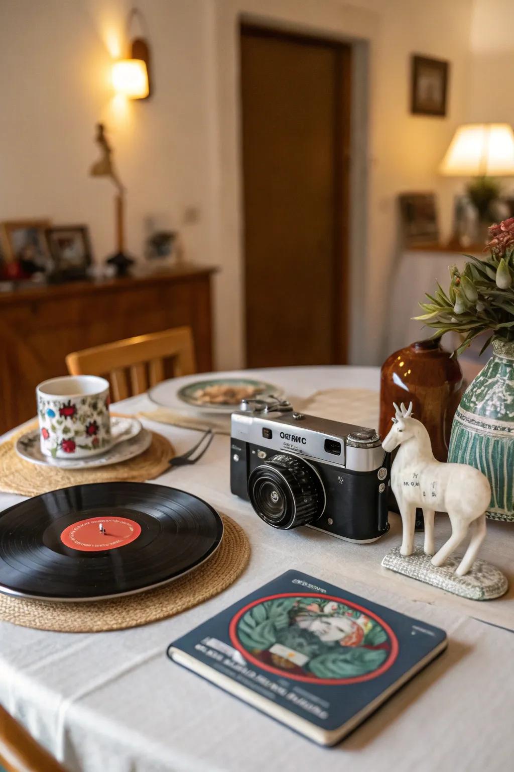 A personalized centerpiece with quirky artifacts.