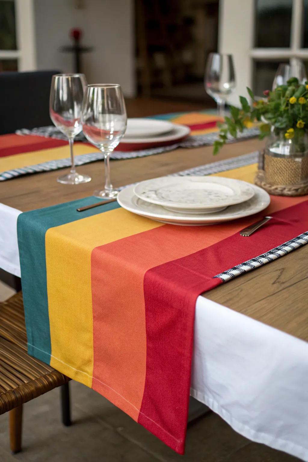 Hues section table runner for a dynamic and energetic dining atmosphere.