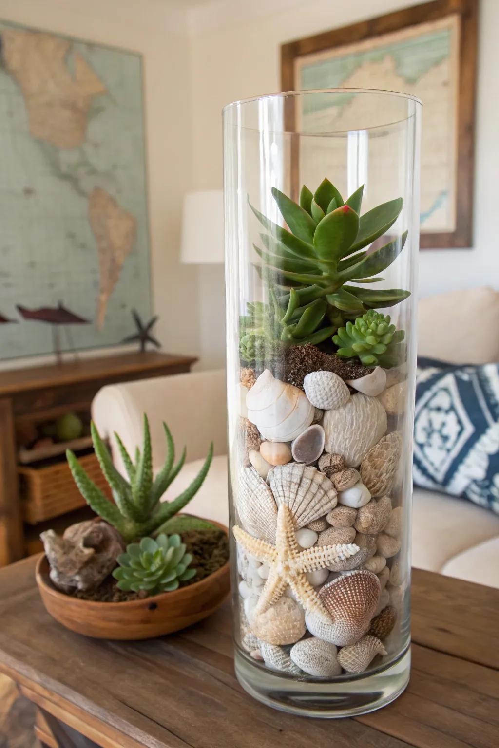 A tall glass vase filled with seashells and succulents, enhancing a coastal-themed interior.