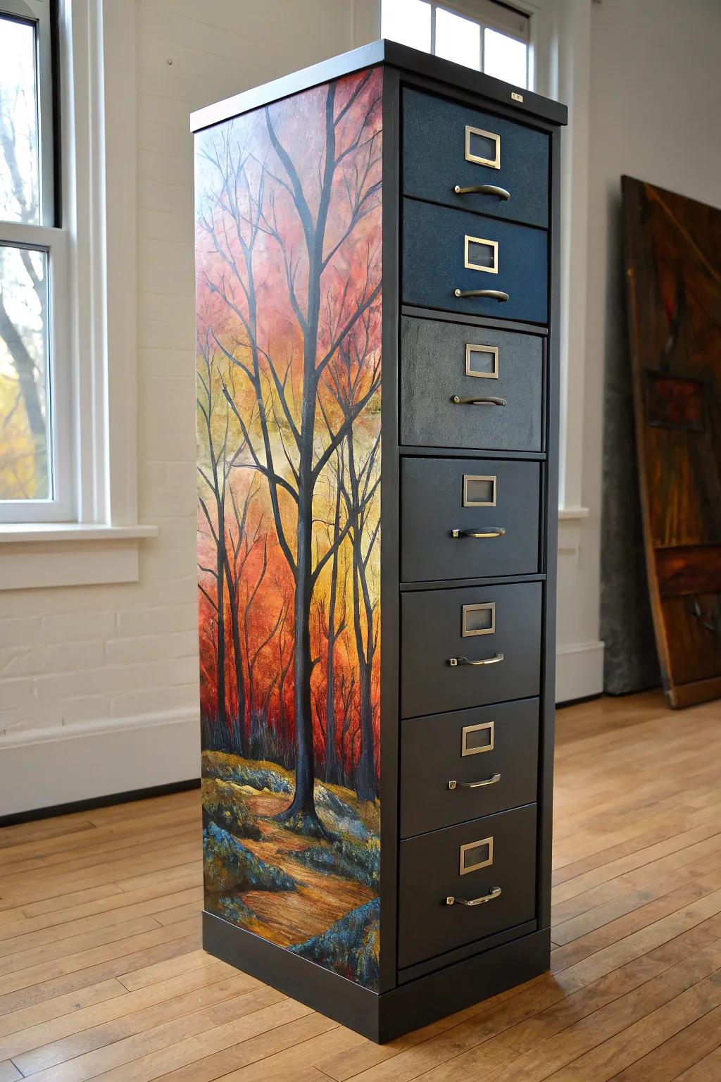 Transform your filing cabinet into a masterpiece by adding a touch of artistic style.