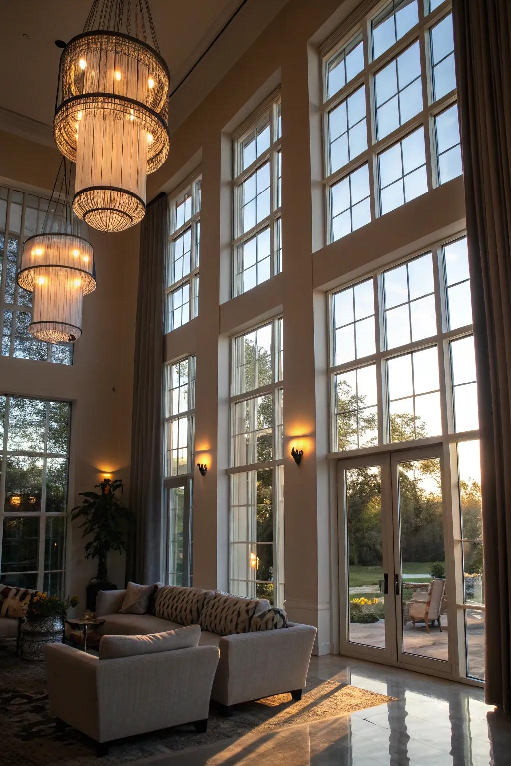 Unique illumination fixtures that complement high windows.