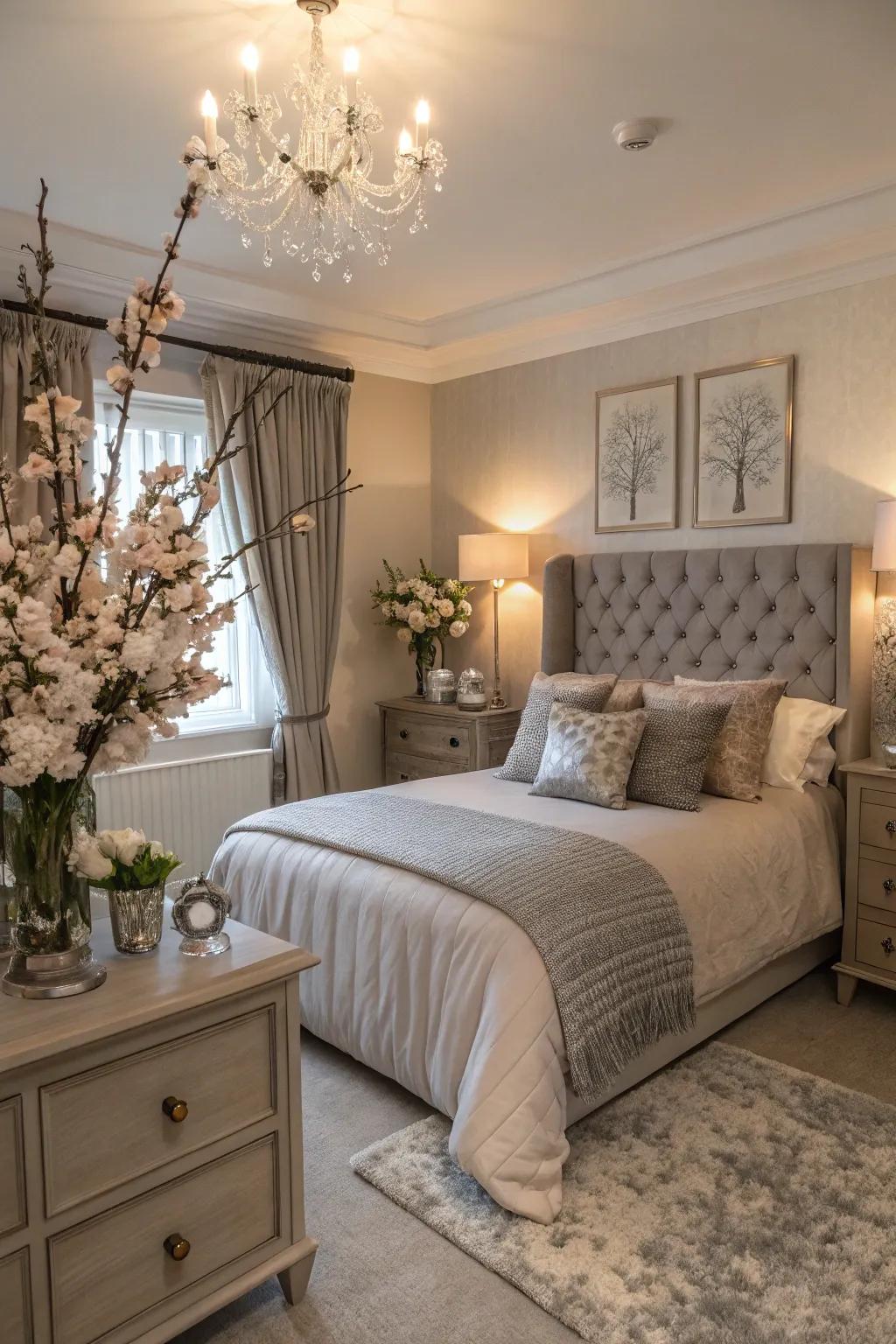 An earthen and slate floral composition adds a natural touch.