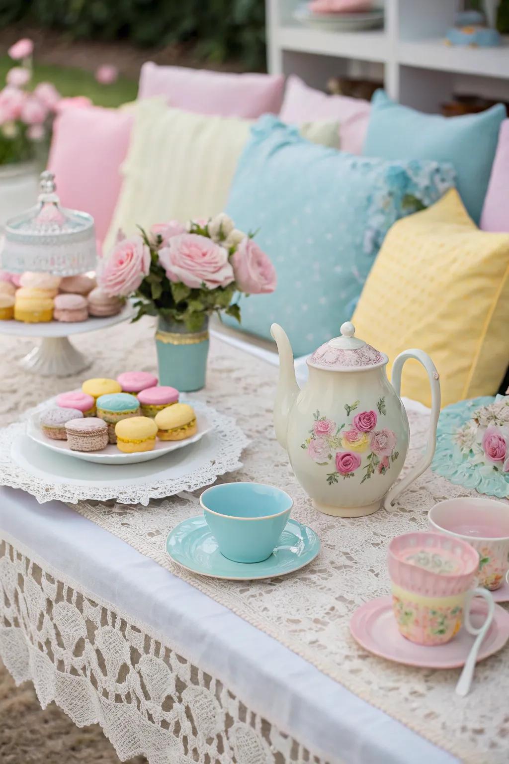 A delicate color scheme conjures a gentle and dreamy ambiance for the tea event.