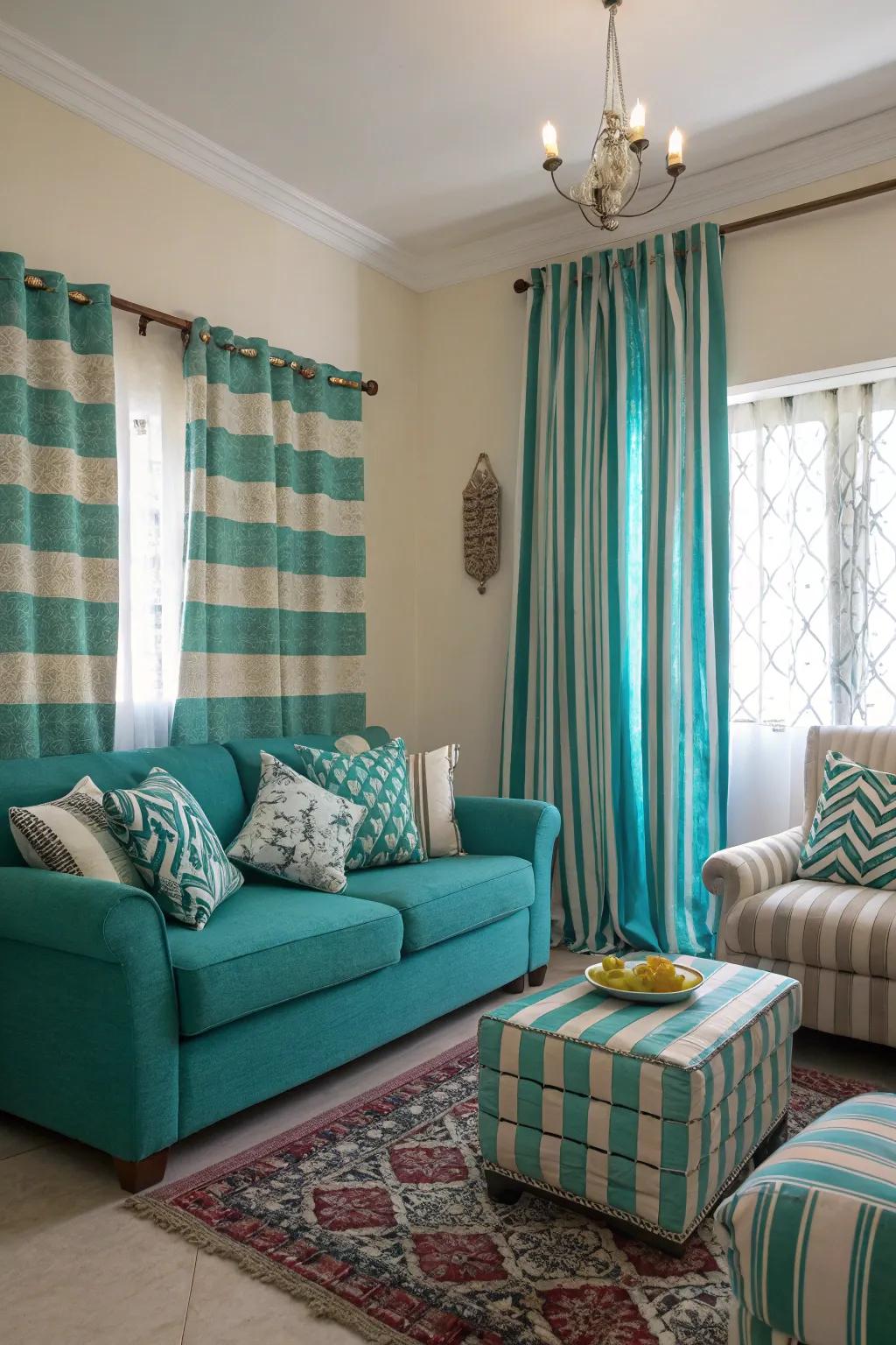 Stripes in teal and turquoise make the room stylish and fun.
