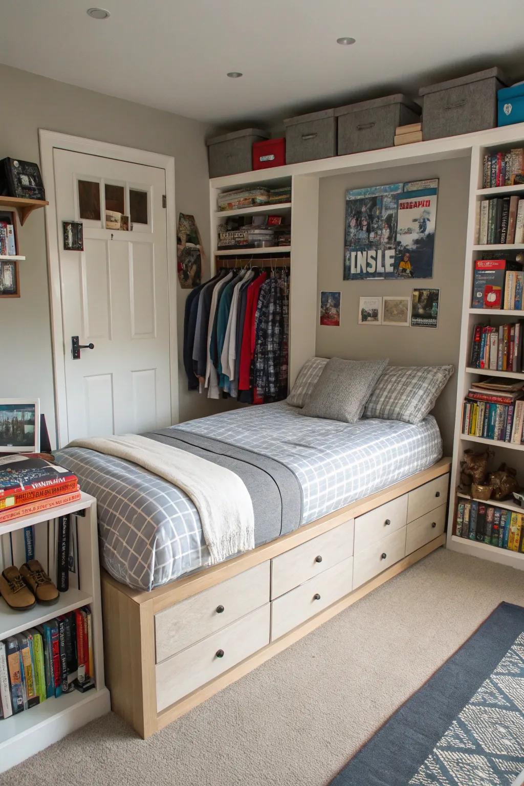 Multi-functional furnishings optimize area efficiency and practicality.