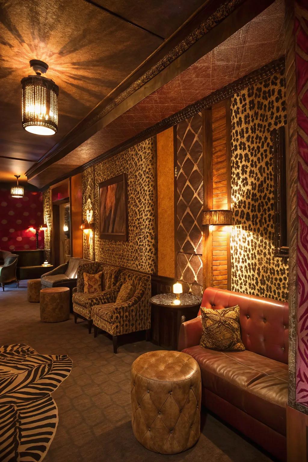 A lounge with exotic faux animal skin textured walls.
