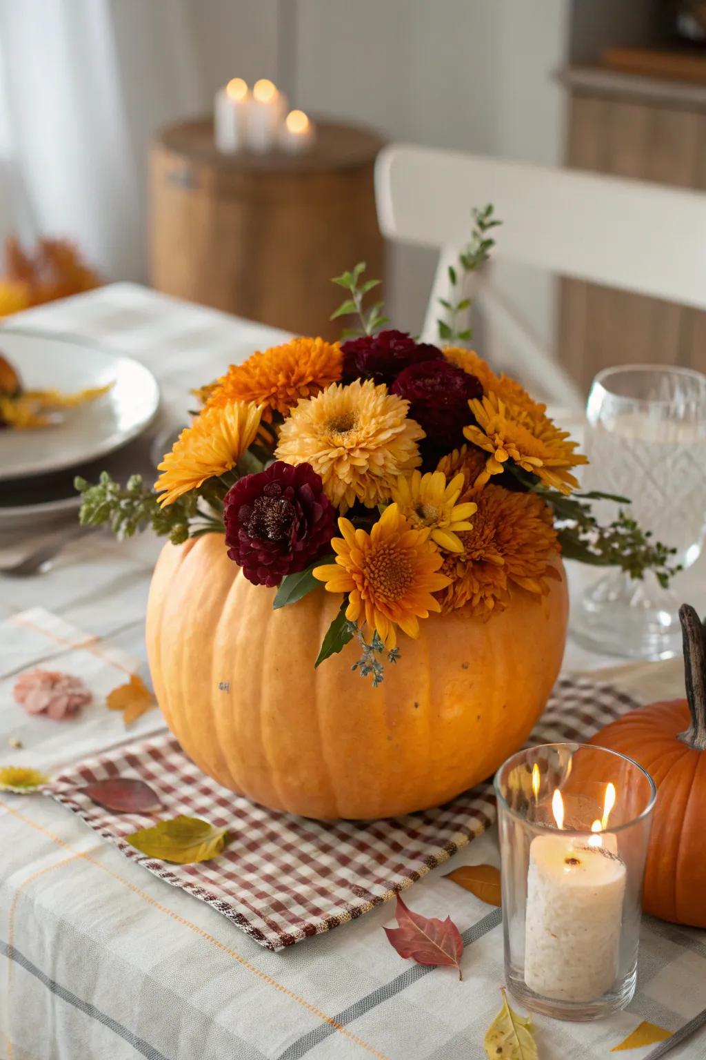 Adaptable pumpkin vases for unspoiled floral showcases.