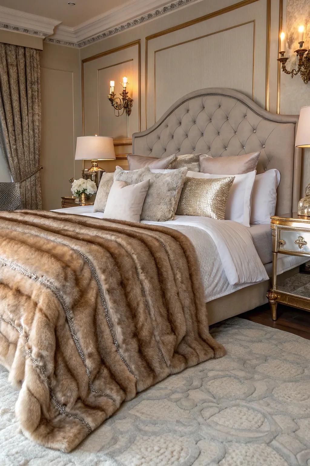 A faux fur throw adds warmth and luxury to the bedroom.