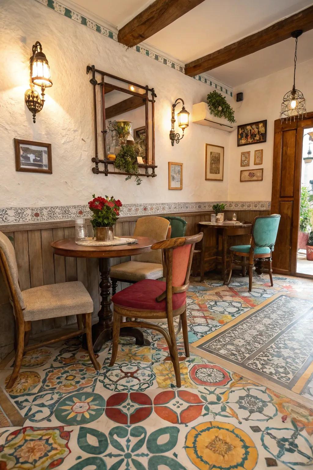 Encaustic tiles bring vintage charm and color to this dining area.