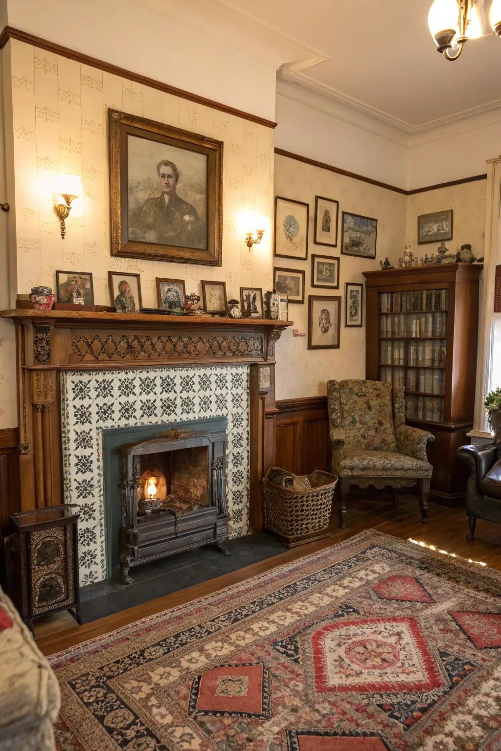 Retro tiles offer a timeless and nostalgic charm to this fireplace.